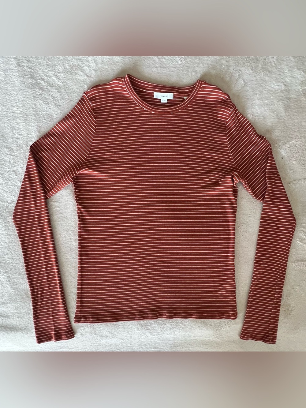Vince Rust and Cream Striped Ribbed Long Sleeve Crew - Picture 2 of 8